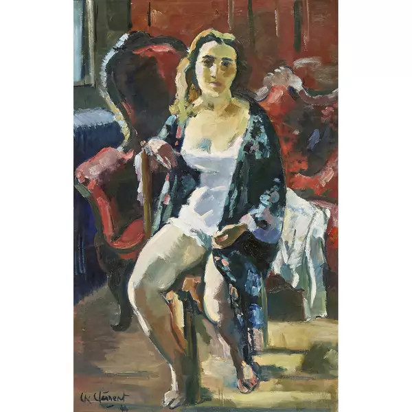 Interieur mit Frau im Négligé