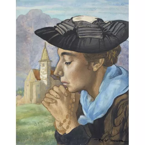 Betende Walliserin vor einer Kirche