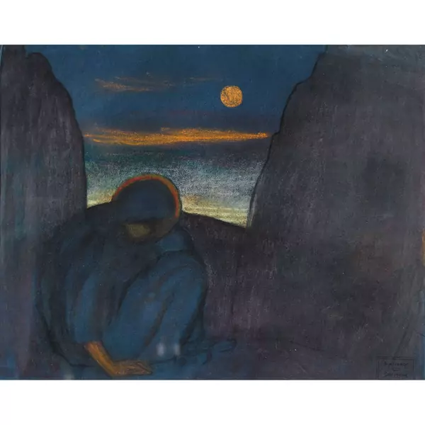 "Femme en Méditation dans un paysage symboliste à la pleine lune"