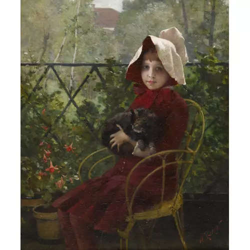 Jeune fille en rouge avec chat