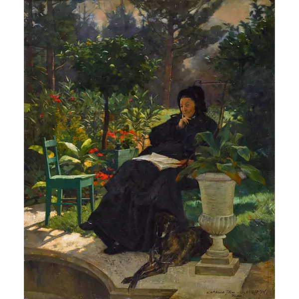 Nachdenkliche Dame mit Hund im sommerlichen Garten