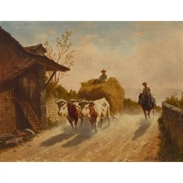 Charles Humbert — Strassenpartie mit Heuwagen und Reiter.