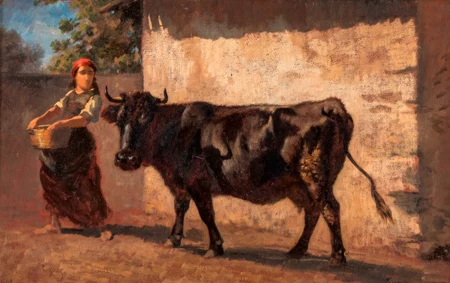 Paysanne et vache dans une cour de ferme