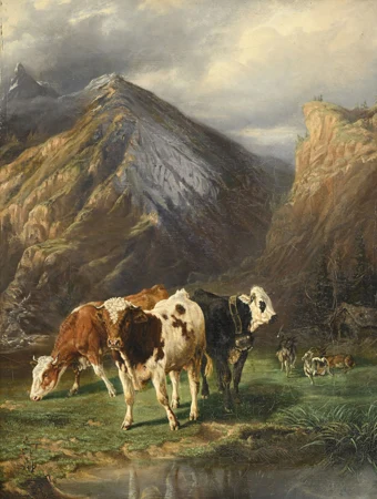 Vaches et chèvres s'abreuvant à l'alpage