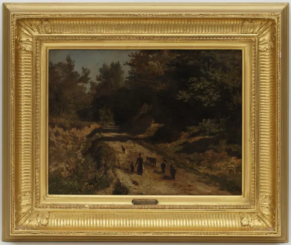 Charles Humbert — Jeune paysanne et enfant entourée de ses animaux dans un paysage de campagne,