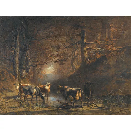 Charles Humbert — Waldlichtung mit Kühen an einer Wasserstelle.