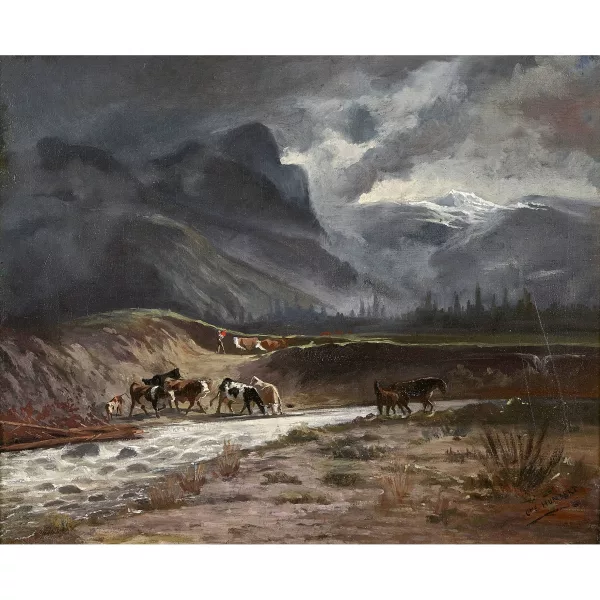 Charles Humbert — Berglandschaft mit Kühen und Pferden bei aufziehendem Gewitter.