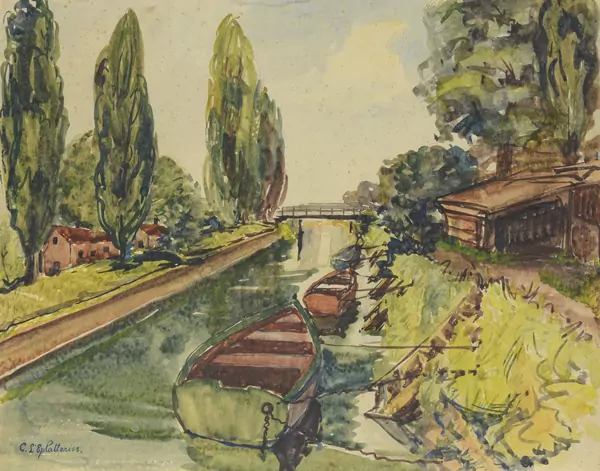 Charles L'ÉPLATTENIER (1874-1946), "Vue d'un canal" Aquarelle sur papier — DognyAuction