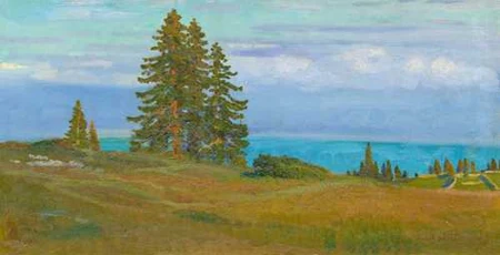 CHARLES L'EPLATTENIER — Paysage de montagne avec le lac de Neuchâtel en arrière-plan. 1906. — Koller Auktionen