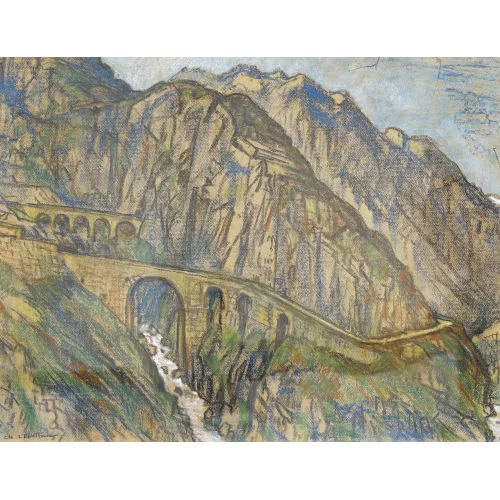 Charles L’Eplattenier — Steile Berglandschaft mit Brücken.
