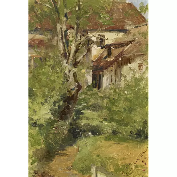Sommerlicher Weg mit Häusern