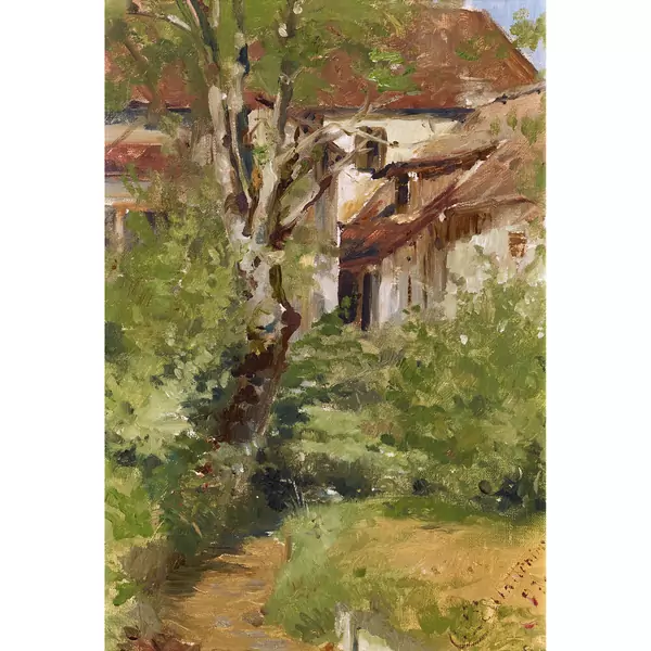 Sommerlicher Weg mit Häusern
