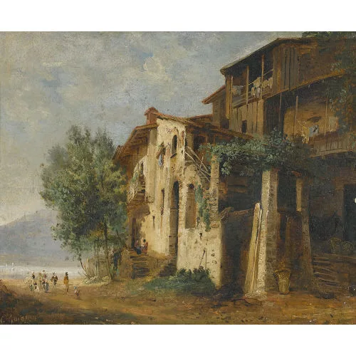 Charles-Louis Guigon — Haus am Seeufer mit Staffage.