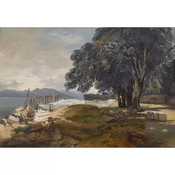 Seeuferlandschaft mit Fischernetzen