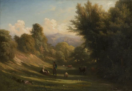 Paysage champêtre animé d'un couple et d'animaux