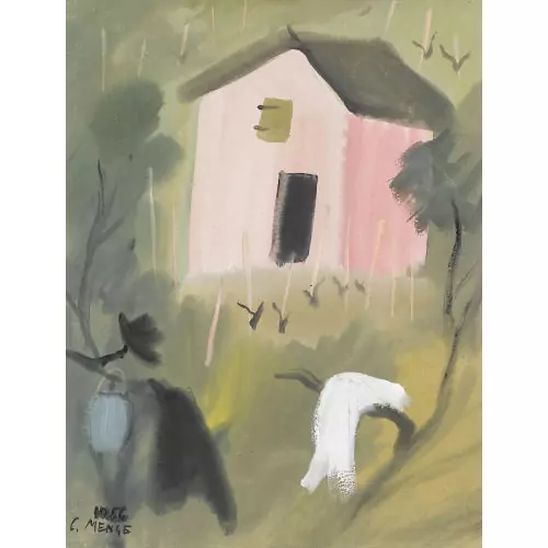 Landschaft mit rosafarbenem Haus