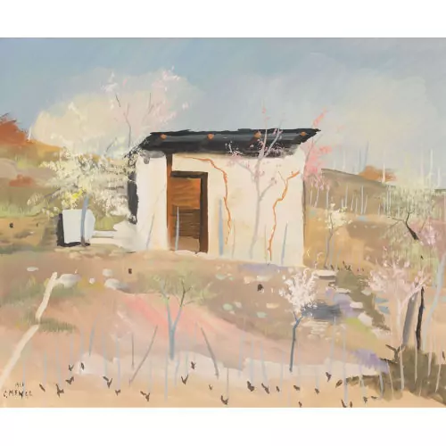 Frühlingslandschaft mit einem Gartenhaus
