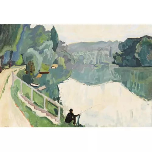 Sommerliches Flussufer mit Angler