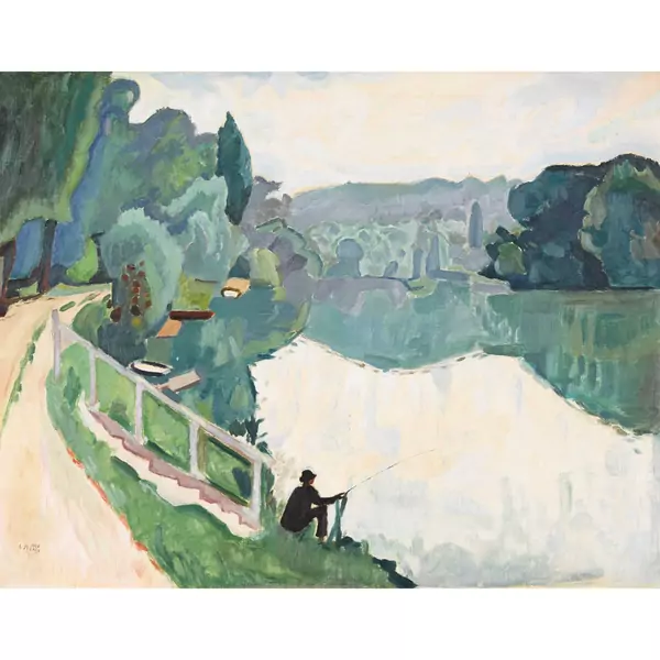 Sommerliches Flussufer mit Angler