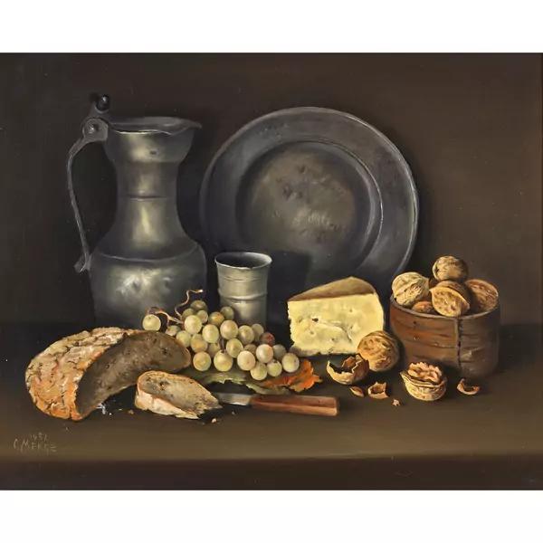 Stillleben mit Brot, Käse, Trauben, Nüssen und Zinngeschirr