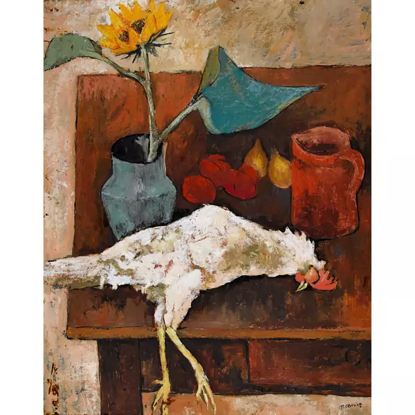 Tischstillleben mit Huhn und Sonnenblume