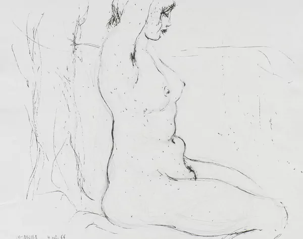 Charles ROLLIER (1912-1968), 'Nu assis', crayon et encre sur papier — DognyAuction