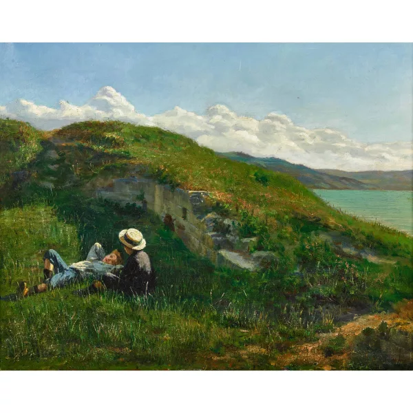 Charles Vuillermet — Sommerliche Uferlandschaft mit zwei Knaben.