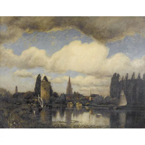 Charles Vuillermet — Flussuferpartie mit Stadt.