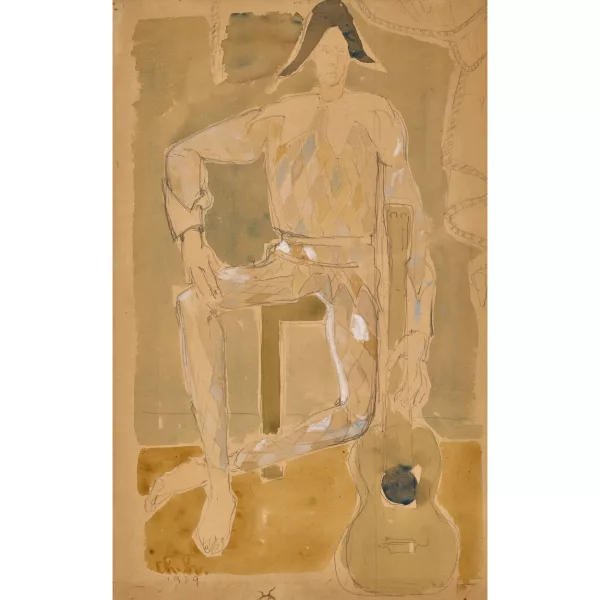 Charles Hindenlang — "Harlekin auf Stuhl mit Gitarre".