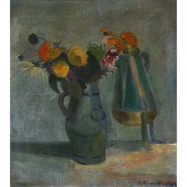 Stillleben mit Blumen, Steinzeugkrug und Ankerkanne