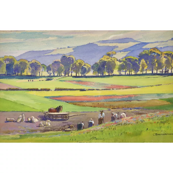Christian Baumgartner — Sommerliche Feldlandschaft mit Bauern bei der Ernte.