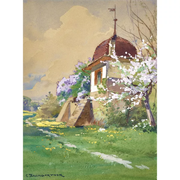 Christian Baumgartner — Frühlingslandschaft mit Gartenhaus.