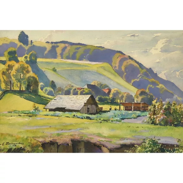 Christian Baumgartner — Sommerliche Berglandschaft mit Bauernhaus.