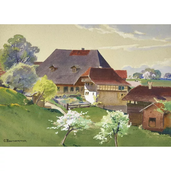 Christian Baumgartner — Frühlingslandschaft mit Bauernhof.