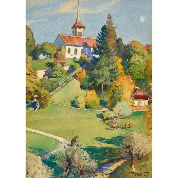 Christian Baumgartner — Sommerliche Landschaft mit Kirche.