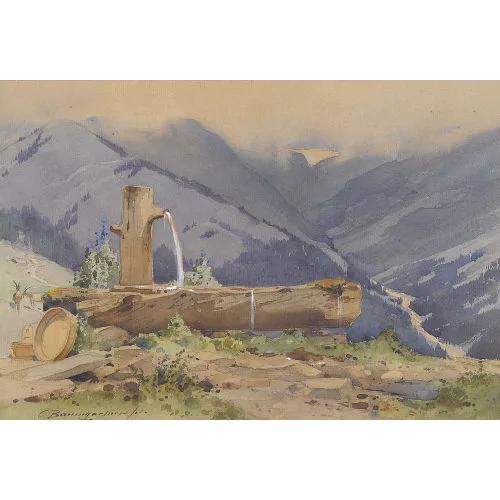 Christian Baumgartner — Bergansicht im Sommer mit einem Brunnen.