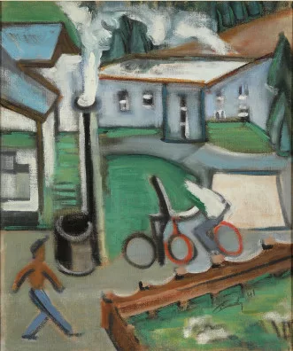 Christian Laely — Fahrradfahrer vor Fabrikgebäude, Teerofen, 1941