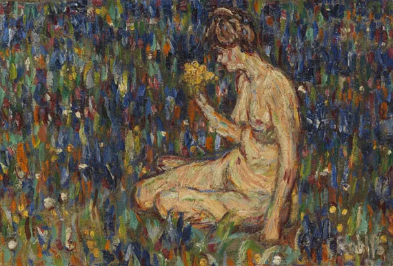 Christian Rohlfs — Frauenakt mit gelbem Blumenstrauß (Mädchen auf der Wiese)