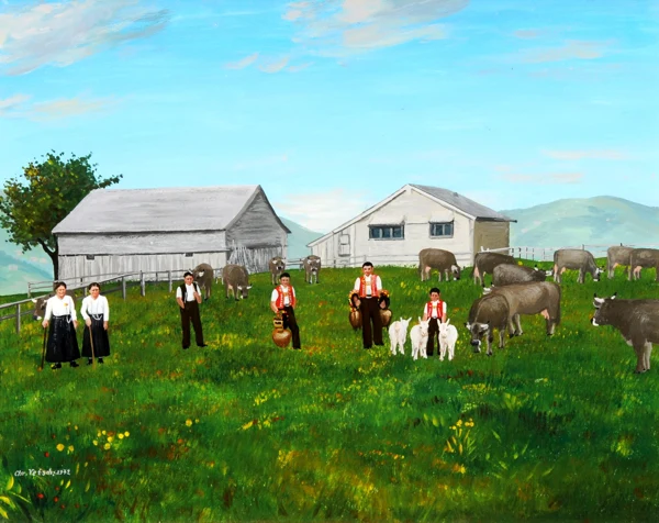Christian Vetsch — Bauernfamilie mit Kühen und Ziegen vor Gehöft, 1972
