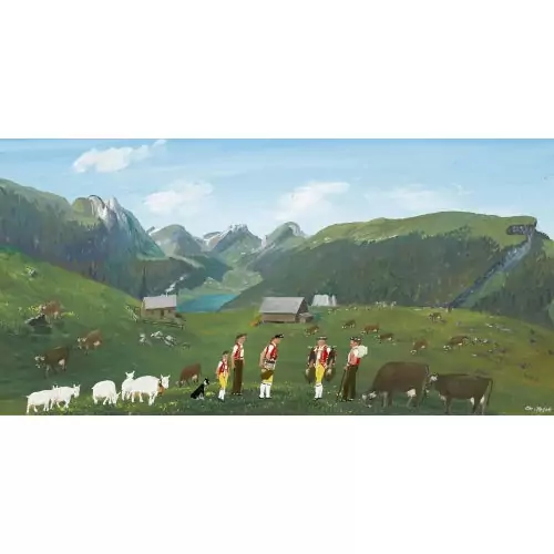Appenzeller Landschaft mit Bauern in Tracht