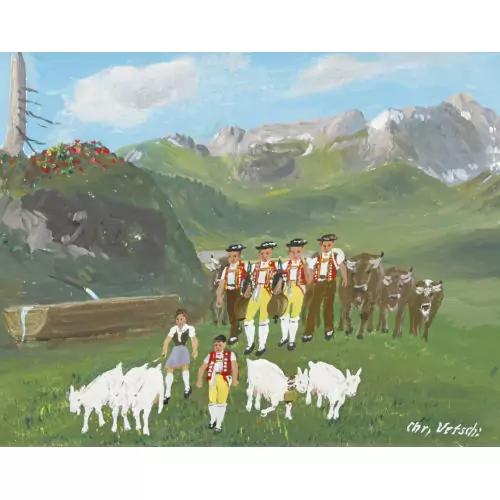 Appenzeller Bauern in Tracht mit Kühen und Ziegen