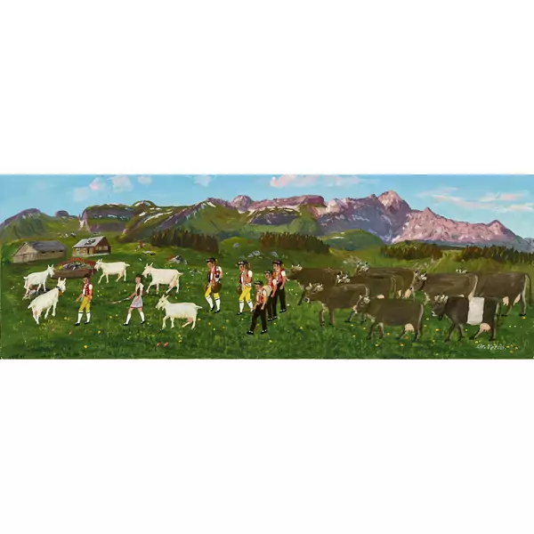 Appenzeller Sennen mit Kühen und Ziegen