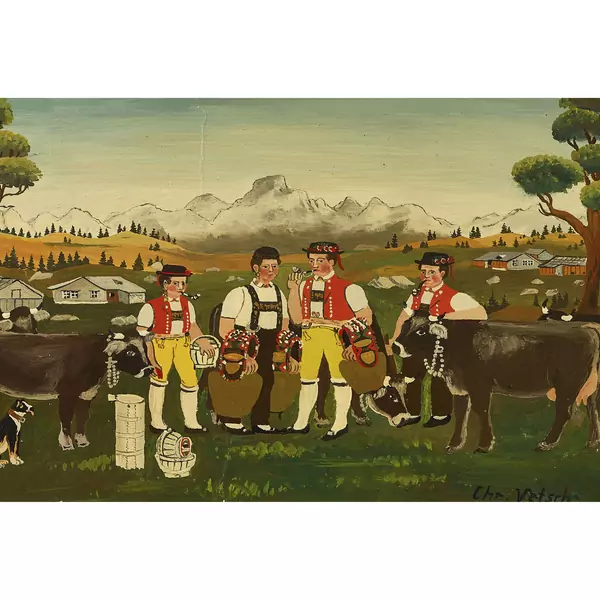 Appenzeller Bauern mit Kühen, Glocken und Melkeimern