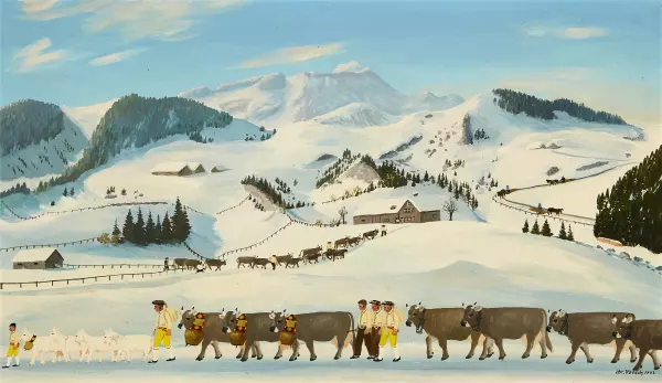 Winterlandschaft mit Alpaufzug