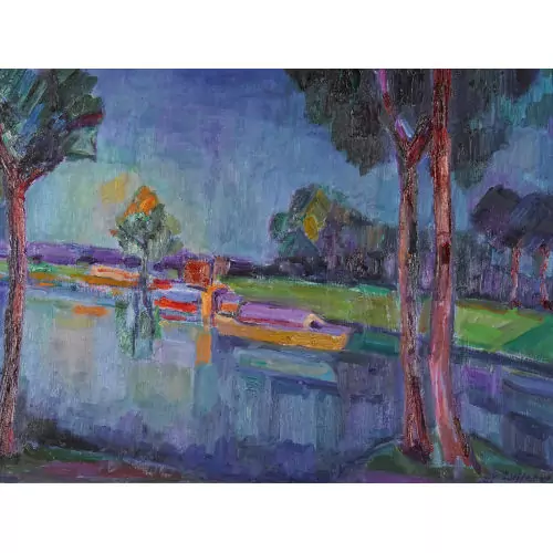 Paysage au canal et bateau