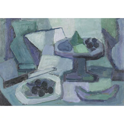 Christiane Zufferey — Stillleben mit Früchteschale und Gedeck.