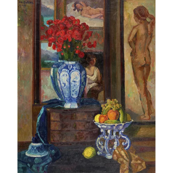 Christoph Oehler — Interieur mit Blumen, Früchteschale und Gemälden.