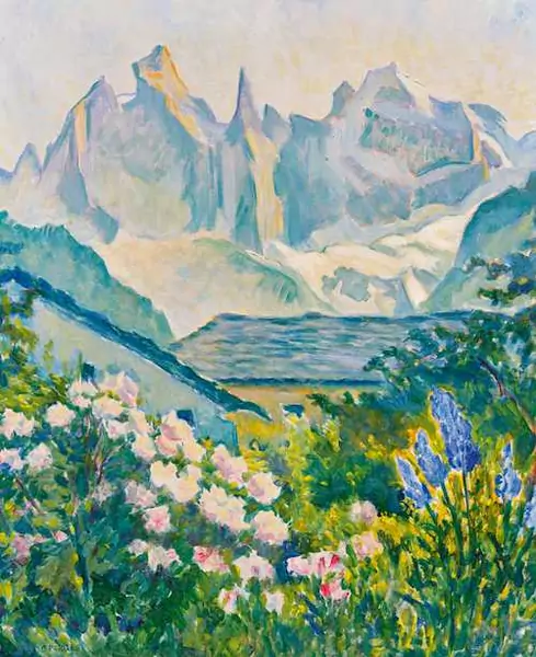 CLARA PORGES — A garden in bloom in Soglio with the Sciora group. — Koller Auktionen