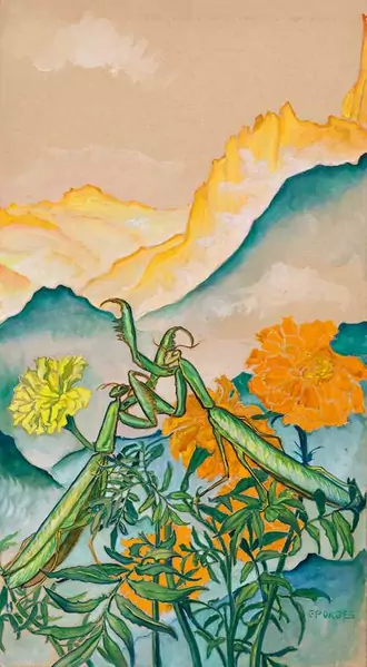 CLARA PORGES — Praying mantises before the Bregaglia mountains. — Koller Auktionen