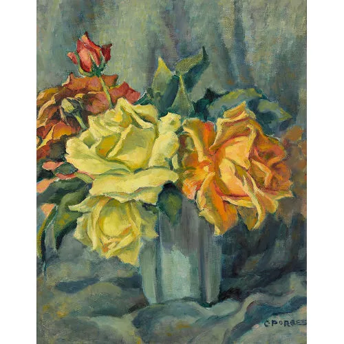 Clara Porges — Stillleben mit gelben und roten Rosen.